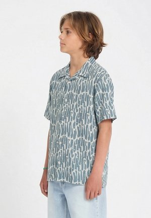 Garçon aux cheveux mi-longs portant une chemise à manches courtes bleue et blanche à motifs et un jean bleu clair, tourné vers la gauche.