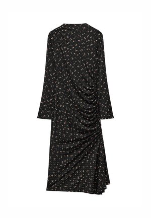 Black floral dress with long sleeves. Features a gathered side design, soft fabric, and small pink and white floral print.