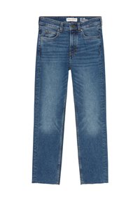 Jeans de mezclilla en azul claro, con un diseño de pierna recta, dobladillo sin rematar, un sutil desvanecido y estilo de cinco bolsillos con acentos de costura en naranja.