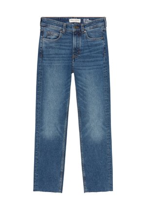 Jeans i ljusblå denim med rak ben-design, rå kant, subtil blekning och femficksstil med orangea sömnadsdetaljer.