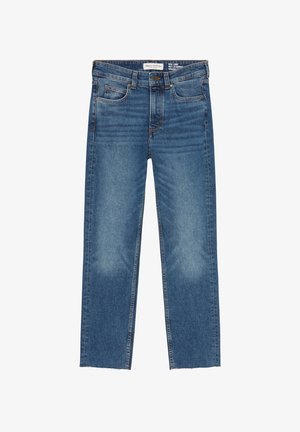 Blue denim straight-leg jeans with a frayed hem, five pockets, and contrasting stitching. Fabric texture is smooth with light fading.