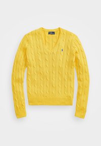 Gul kabelstickad tröja med V-hals och ribbade ärmslut. Har en liten blå logotyp på vänster bröst. Mjuk textur och figurnära design.