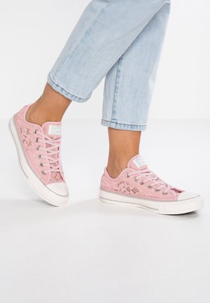 Fødder iført lyseblå jeans og lyserøde lave snøresneakers med hvide såler og snørebånd på hvid baggrund.