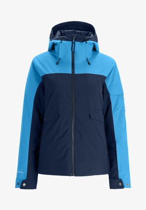 Giacca resistente alle intemperie in blu e navy, con cappuccio, zip frontale, due tasche laterali e pannelli di colore contrastante sulle spalle e sulle maniche.