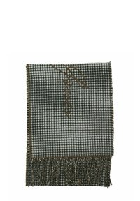 Kootud pleed musta-valge koertehammasmustriga, narmastega servadega, pruunide aksentõmbluste ja dekoratiivse pruuni kirjastiili detailiga.