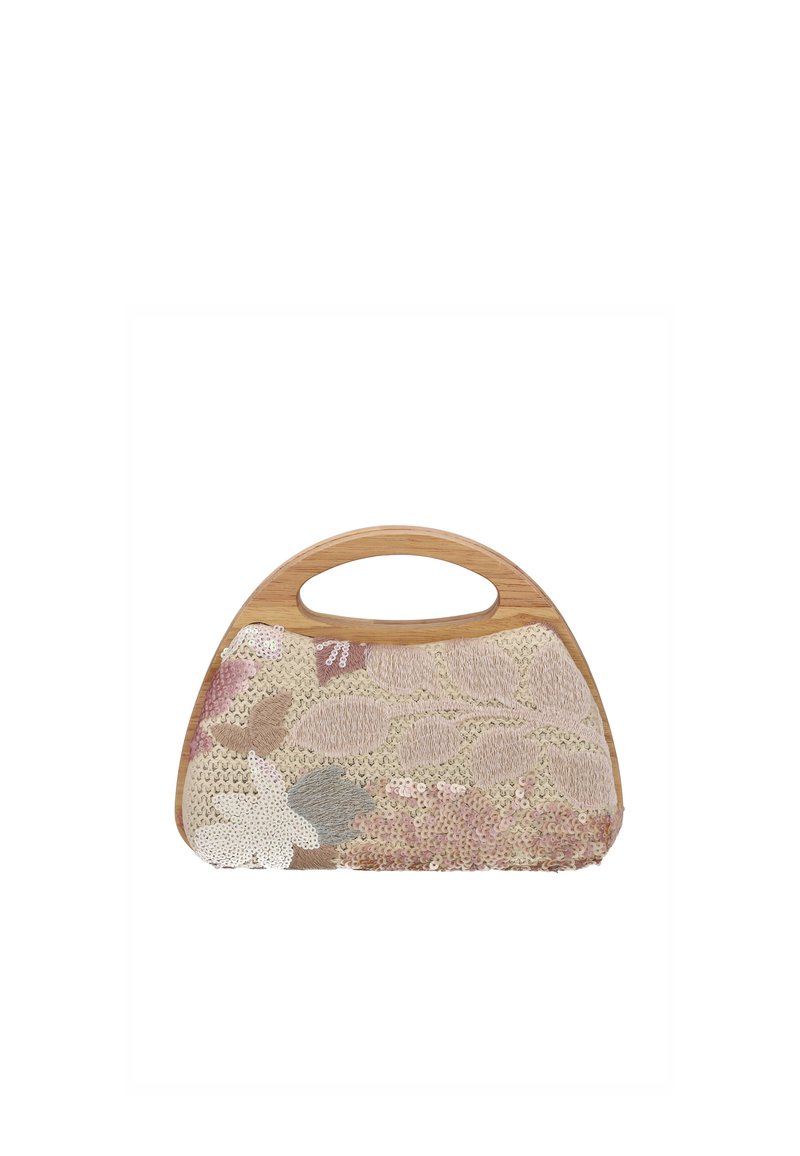 Runde Handtasche mit einem hölzernen Griff. Die Außenseite ist mit floraler Stickerei und Pailletten in Beige-, Rosa- und Blautönen versehen. Strukturierte Stoffoberfläche.