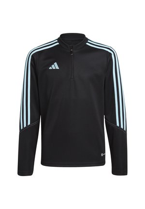 T-shirt de sport noir à manches longues avec un col zippé. Présente des rayures bleu clair le long des épaules, un logo de marque sur la poitrine et une texture lisse.