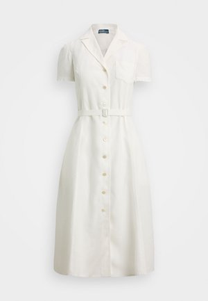 Light cream knee-length dress with a collared neckline, short puff sleeves, front buttons, and a matching belt at the waist. Satin-like texture.