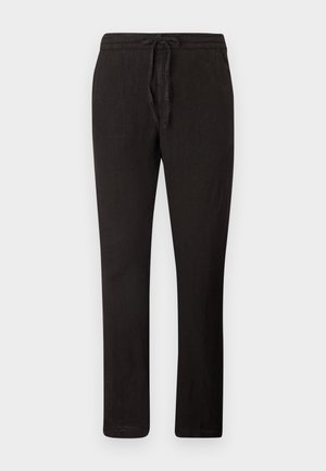 Schwarze Leinenhose mit Kordelzugbund, geradem Schnitt, strukturiertem Gewebe und minimalistischem Design. Geeignet für Freizeitkleidung.