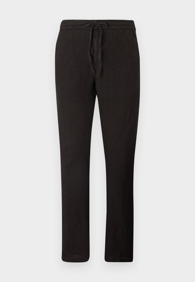 Crne lanene hlače s remenom za podešavanje struka, ravnog kroja, teksturirane tkanine i minimalističkog dizajna. Pogodne za svakodnevno nošenje.