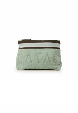 Mint green pouch with textured exterior, featuring embossed lettering. Top band has brown and white stripes; secured with a zip closure.