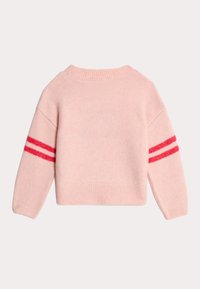 Rosa gestrickter Pullover mit Rundhalsausschnitt, ausgestattet mit roten gestreiften Akzenten an den Ärmeln. Weiche Textur und verkürztes Design.