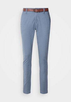 Light blue trousers made of smooth fabric, featuring a brown leather belt, slim fit design, and standard pockets with a simple hem.