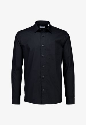 Zwarte langslippende knoopshirt van katoen, met een klassieke kraag, zes knopen aan de voorkant en een borstzak.