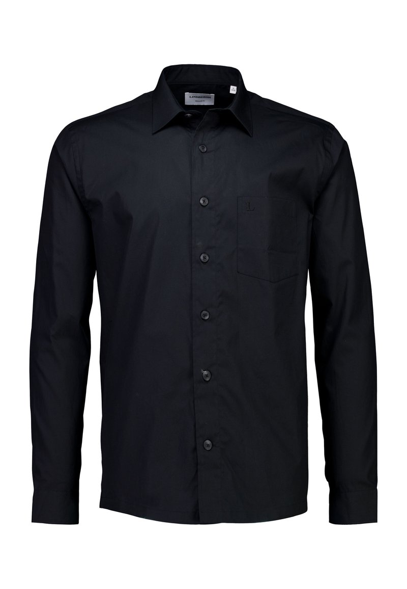 Schwarzes Langarmshirt aus Baumwolle mit Knopfleiste, einer einzigen Brusttasche und klassischem Kragendesign.