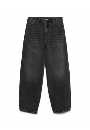 Mustad kõrge vöökohtadega laiad teksad, millel on ees nööp ja lukk, kaks eesmist taskut ning tagasihoidlikud kulumisdetailid reitel.