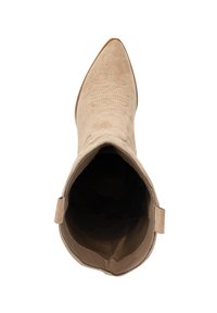 Beige suède Westernlaars met een puntige neus, decoratief stiksel op de schacht en een glad interieur. Geen zichtbare hardware of accenten.