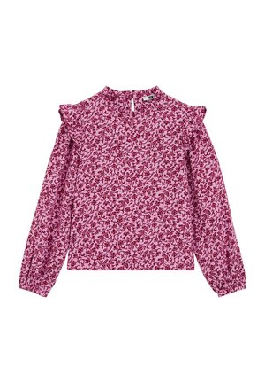 Rózsaszín és bordó virágmintás blúz, hosszú ujjakkal, fodros vállrészletekkel és kulcslyuk nyakkivágással. Könnyű anyagból.
