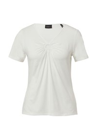 Witte T-shirt met korte mouwen en een V-hals, met een geplooid detail gecentreerd op de borst, voorzien van een cirkel accent en een gladde, zachte stof.