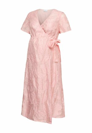 Svetlo rožasta obleka za zavijanje z teksturo, kratkimi rokavi in vezi na strani, midi dolžine, z V-izrezom in nežnim cvetličnim vzorcem.