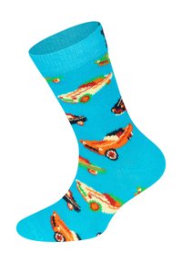 Bright blue socks featuring a pattern of colorful vintage cars. Made of soft fabric with a ribbed cuff and vibrant, detailed designs.