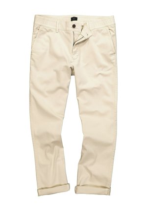 Beige Baumwollchinos mit geradem Bein, ausgestattet mit einem Reißverschluss, Knopfverschluss, Fronttaschen und umgeschlagenen Säumen für einen legeren Look.