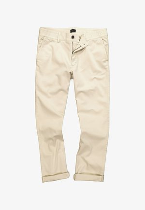 Beige Baumwollchinos mit geradem Bein, ausgestattet mit einem Reißverschluss, Knopfverschluss, Fronttaschen und umgeschlagenen Säumen für einen legeren Look.