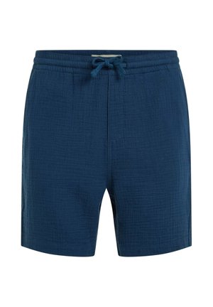 Modri teksturirani kratke hlače z elastičnim pasom in vezalko; imajo dva stranska žepa in sproščen kroj.