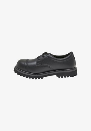 Black leather oxford shoe with a rounded toe, five lace eyelets, and rugged rubber sole with grooves for traction. Smooth texture.