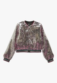 Stříbrná a růžová bomber bunda s flitry, předním zipem, dlouhými vycpanými rukávy a pruhovanými ribkovými manžetami a lemem.