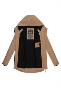 Light brown jacket with a hood, black lining, and red accents. Features tags on the inner side and zippered cuffs.