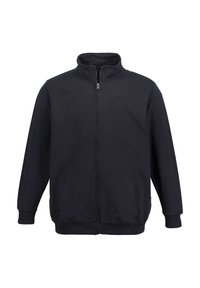 Giacca navy con zip realizzata in misto cotone, con colletto alto, due tasche frontali e polsini e orlo a coste. Dettaglio logo discreto sul petto.