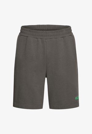 Donkergrijze shorts met elastische taille, zijzakken en een klein groen "Jack Wolfskin"-logo op het onderste gedeelte van het linkerbeen.