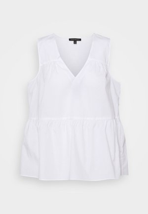Camicia bianca senza maniche con scollo a V, vita arricciata e vestibilità ampia, realizzata in tessuto leggero.