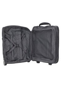 Valigia nera con due scomparti, dotata di cinghie incrociate elastiche, tasca in rete e maniglia robusta. Interno foderato in tessuto morbido.