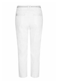 Weiße Baumwollhose mit geradem Schnitt, ausgestattet mit zwei Gesäßtaschen und einem metallischen Knopfverschluss. Design in knöchellanger, verkürzter Form.