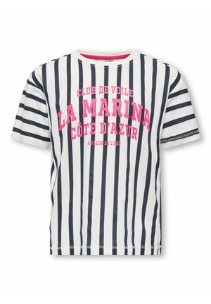 Short-sleeve white T-shirt with vertical black stripes and pink text reading "Club de Voile La Marina Côte d'Azur" on front.
