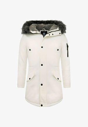 Witte parka van gladde stof, met een grijze kap gevoerd met bont, zwarte accenten, twee kleppen op de voorzakken en een ritssluiting op de mouwzak.