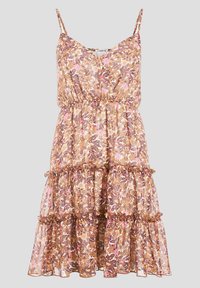 Robe midi sans manches à fleurs avec fines bretelles, taille froncée et jupe en volants superposés dans des tons de marron, rose et beige.
