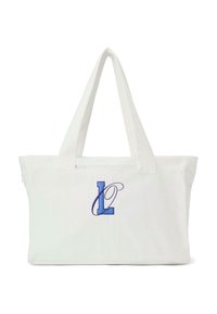 Baltas medvilninis maišelis su mėlynomis išsiuvinėtomis raidėmis "L" ir "O". Apima ilgas rankenas ir užtrauktuką viršuje.