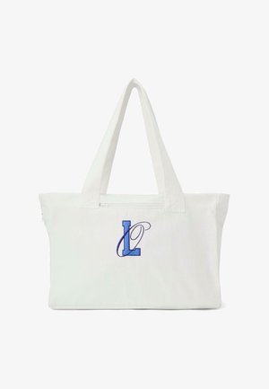 Cotton tote bag in white, featuring blue embroidered letters "L" and "O". Includes long handles and a top zip closure.