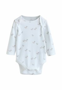 Long-sleeve white baby onesie made of soft cotton, featuring a repeated light gray duck print and snap bottom closure.
