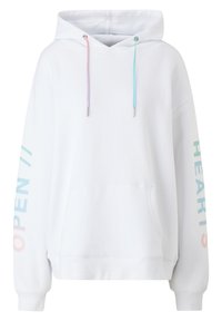 Sweat à capuche blanc avec cordons colorés, poche avant, et "OPEN" en bleu pastel ainsi que "HEART" en rose pastel sur les manches. Texture douce.