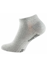 Calzino alla caviglia grigio chiaro con texture a coste, materiale liscio e logo nero sul lato. Progettato per comfort e traspirabilità.