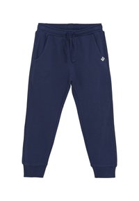 Dunkelblaue Jogginghosen aus Baumwolle mit einem elastischen Bund, zwei Seitentaschen und eng anliegenden Bündchen, verziert mit einem kleinen Etikett.