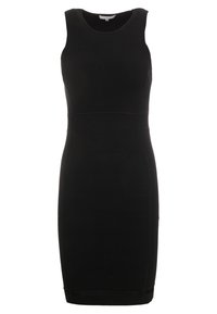 Černé bezramínkové šaty bodycon s kulatým výstřihem, texturovanými horizontálními pruhy a přiléhavým střihem. Hladký povrch látky.