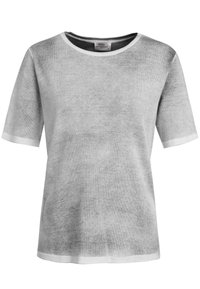 Bawełniana koszulka w jasnoszarym kolorze o teksturowanym wykończeniu, okrągłym dekolcie, krótkich rękawach oraz kontrastowym białym wykończeniu przy kołnierzyku i dolnym brzegu.