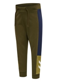 Gröna avsmalnande sweatshirtbyxor med elastisk midja och dragsko; har blå och gula sidopaneler samt vita grafiska detaljer.