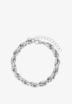 Srebrna bransoletka z wplecionymi ogniwami, o błyszczącym wykończeniu i regulowanym przedłużeniu łańcuszka do dopasowania rozmiaru.