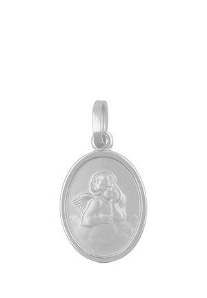 Ovaler Silberanhänger mit geprägtem Cherub, der den Kopf auf die Hand stützt, umrahmt von einem glatten Rand und an einer abgerundeten Öse befestigt.